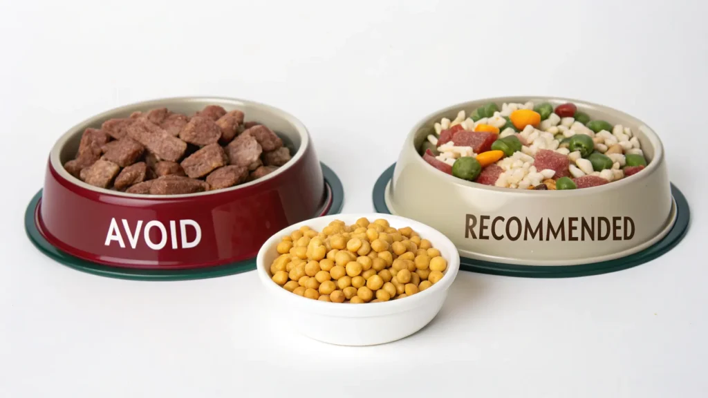 Side-by-side comparison of bad and good ingredients for Golden Retriever food