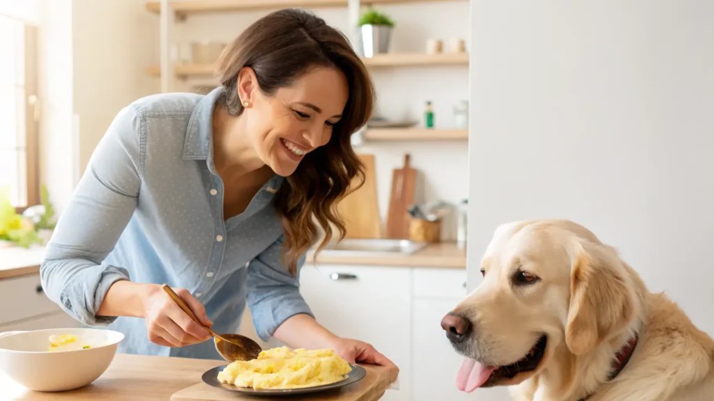 Dog owner preparing homemade food for a sick dog with rice and eggs.