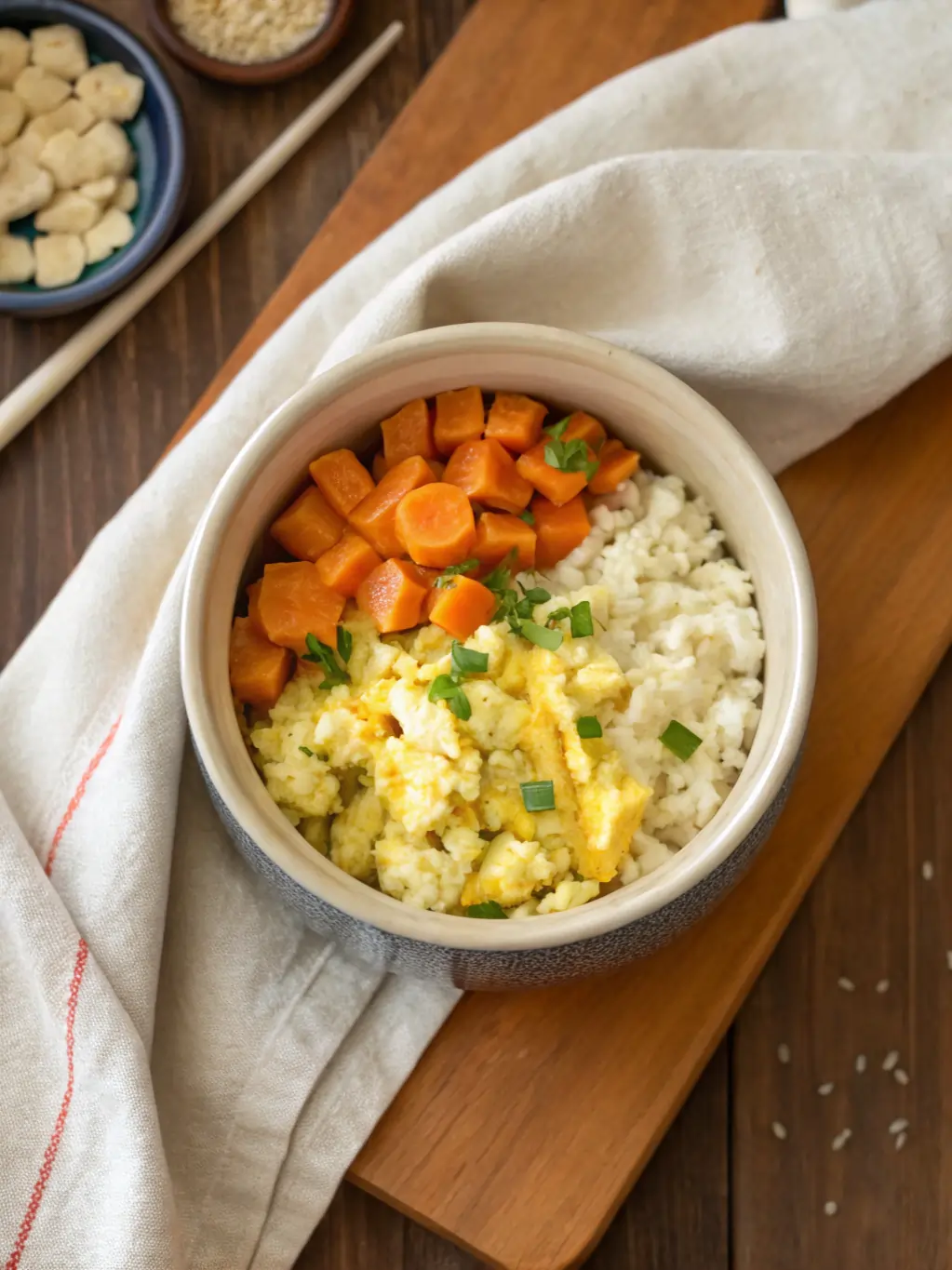 Scrambled eggs, rice, and carrots in a dog bowl.