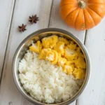 Dog food bowl filled with rice and scrambled eggs for digestive recovery.