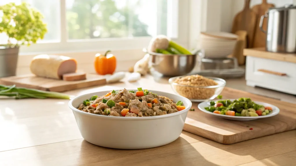 Bowl of homemade low-fat dog food made without chicken