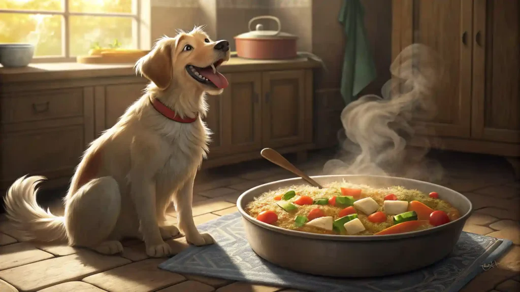 Dog with a bowl of rice and chicken stew for weight loss