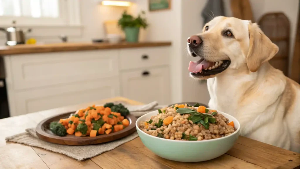 Labrador with a bowl of nutrient-rich homemade dog food for weight gain