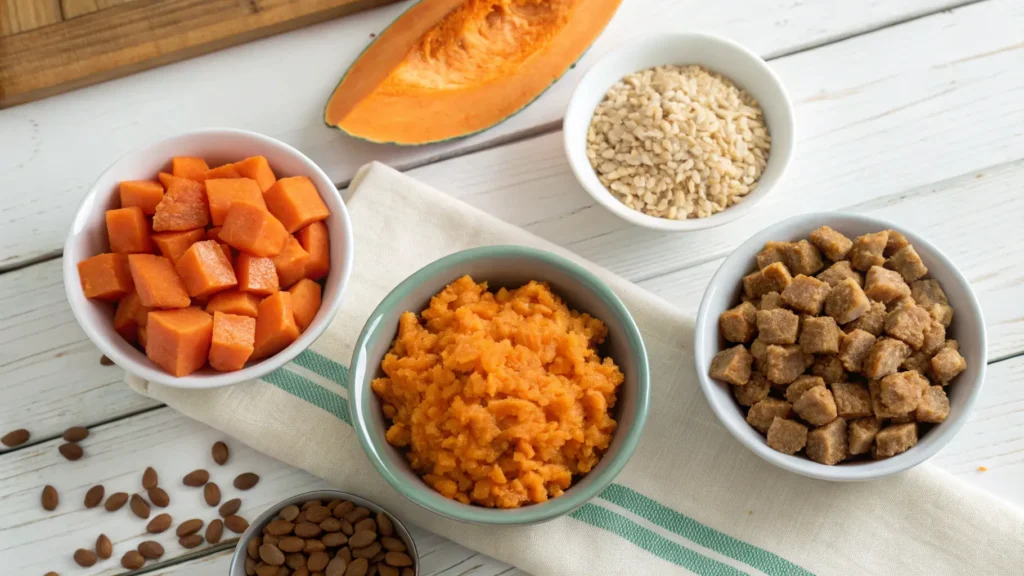 Dog-safe carbs including sweet potato, pumpkin, oats, and rice