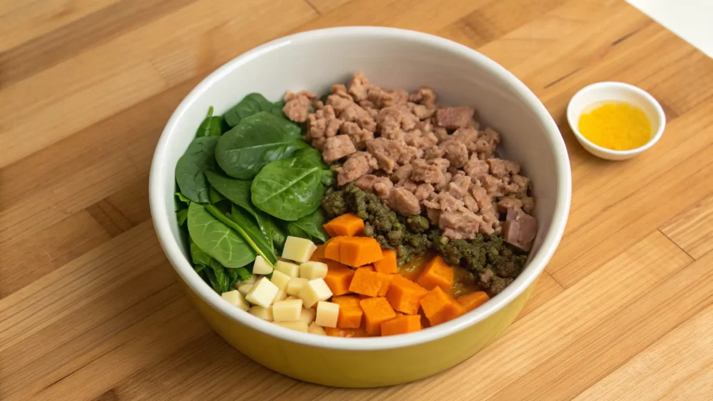 Dog food bowl with lean meat, sweet potato, greens, and fish oil