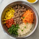 Bowl of turkey, rice, carrots, and fish oil for dogs