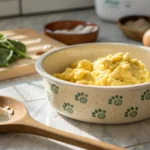 Gently cooked scrambled eggs in a dog bowl with natural lighting