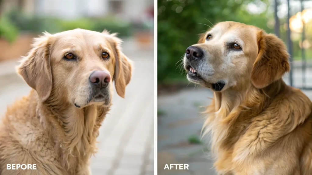 Before and after photos of a dog gaining healthy weight